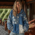 Vintage Bohemian Floral With  Japanese Traditional Sashiko Patchwork Art Embroidery Inspired Washed Hoodie elevenforest