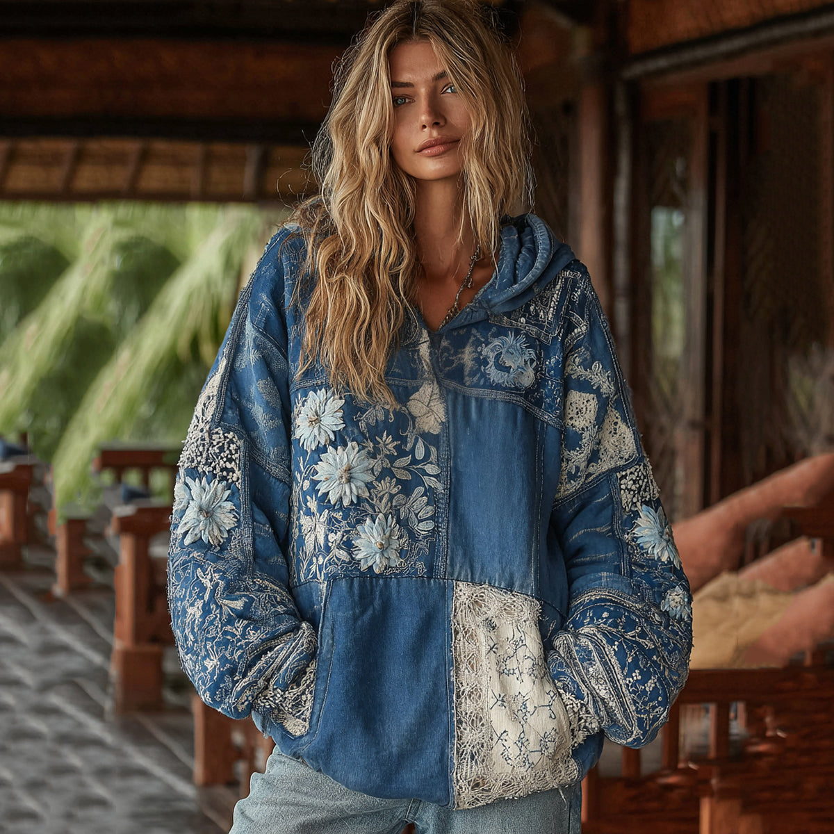 Vintage Bohemian Floral With  Japanese Traditional Sashiko Patchwork Art Embroidery Inspired Washed Hoodie elevenforest