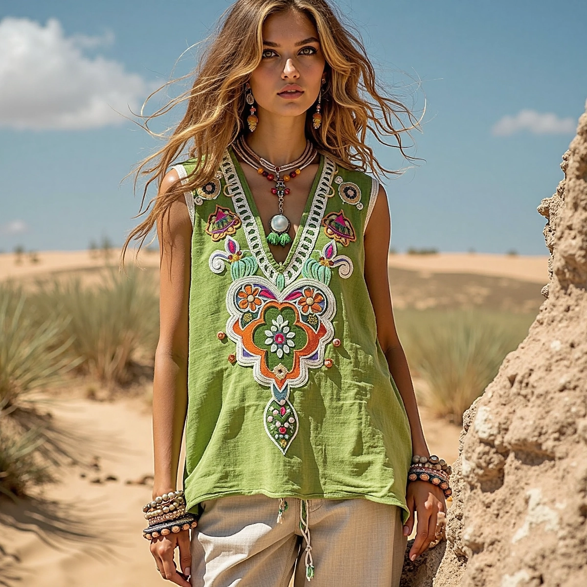 Women's Bohemia Ethnic Art Linen V-neek Sleeveless Top elevenforest