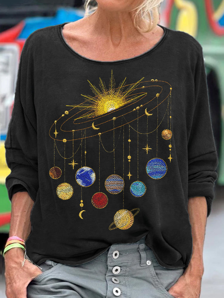 Comstylish Women's Planets Inspired Embroidered Long Sleeve T-shirt