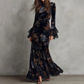 Comstylish Vintage Printed Slim Fit Velvet Lace Maxi Dress