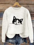 Women's Casual Funny Black Cat Print Sweater elevenforest