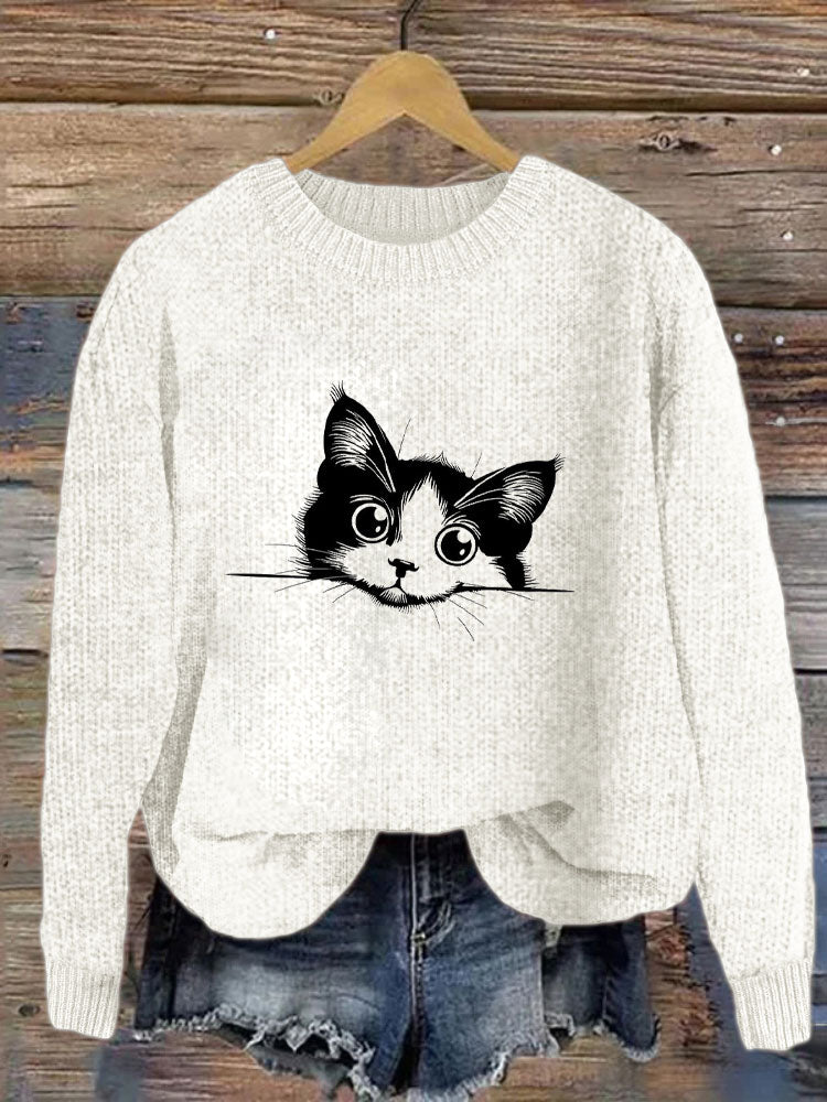 Comstylish Women's Casual Funny Black Cat Print Sweater