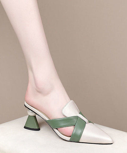 Colorblock Chunky Cowhide Leather Comfortable Splicing High Heel Slippers Lc0191