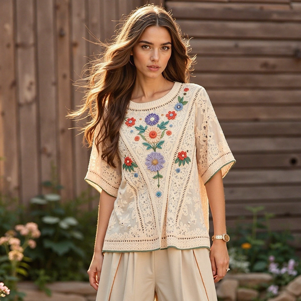 Women's Bohemian Floral Art Linen Short Sleeve T-shirt elevenforest