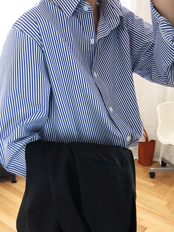 Urban Loose Striped Lapel Collar Blouses&shirts Tops