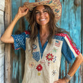 American Flag Inspired Flowers Embroidered Linen Shirt elevenforest