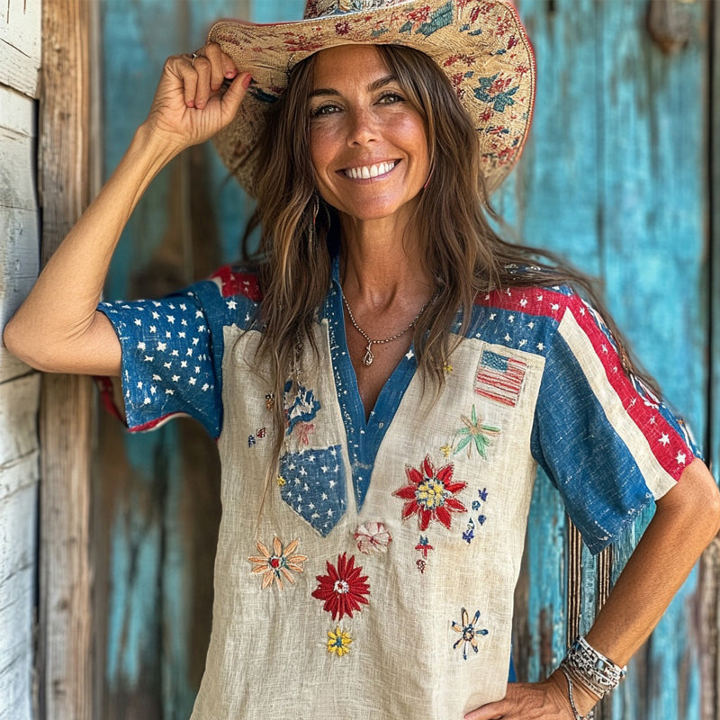 American Flag Inspired Flowers Embroidered Linen Shirt elevenforest