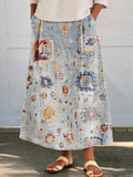 Women's Ethnic Totem Floral Art Print Cotton and Linen Pocket Skirt