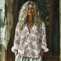 Retro Boho Tribal Paisley Art Print Cotton And Linen V-neck Loose Shirt elevenforest