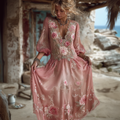 Boho Pink Flowers Embroidered Lace Flowy Linen Maxi Dress elevenforest