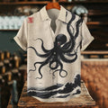 Men's Black Octopus Waves Japanese Art Print Casual Shirt elevenforest