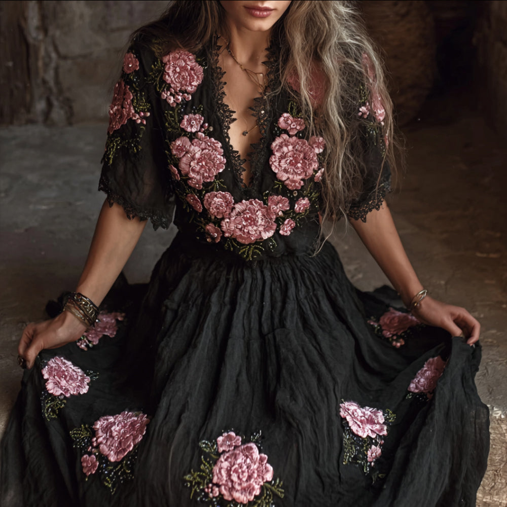 Bohemian Classic Romantic Embroidered Rose Short-sleeved Long Dress elevenforest