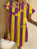 Stripes and Fish Ruffled Short-sleeved V-neck Buttoned Dress Vacation Beach Dress