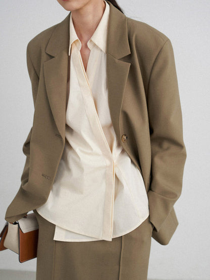 Loose Buttoned Color Long Sleeves Lapel Blouses&shirts Tops + Skirts Bottom + Notched Collar Blazer Outerwear Three Pieces Set