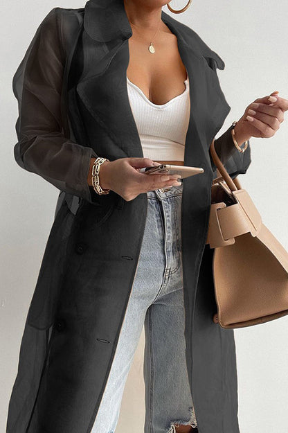 Color Patchwork Button Belt Pocket Long Sleeve Coat