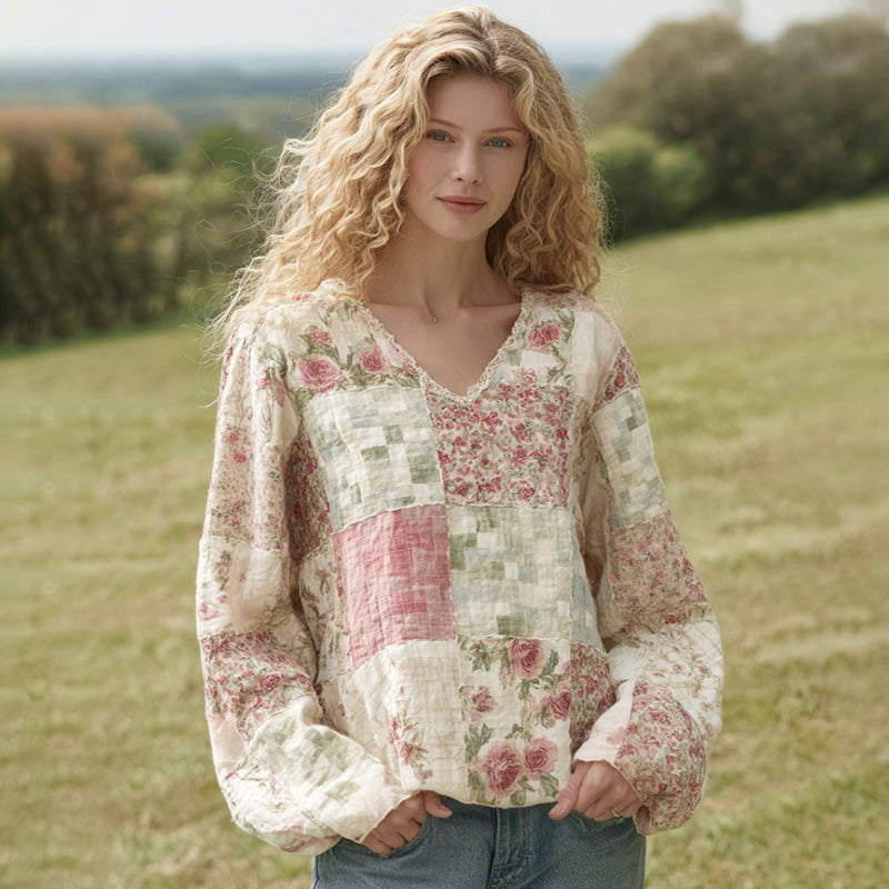 Women's Retro Floral Patchwork Pattern Linen V-neck T Shirt elevenforest
