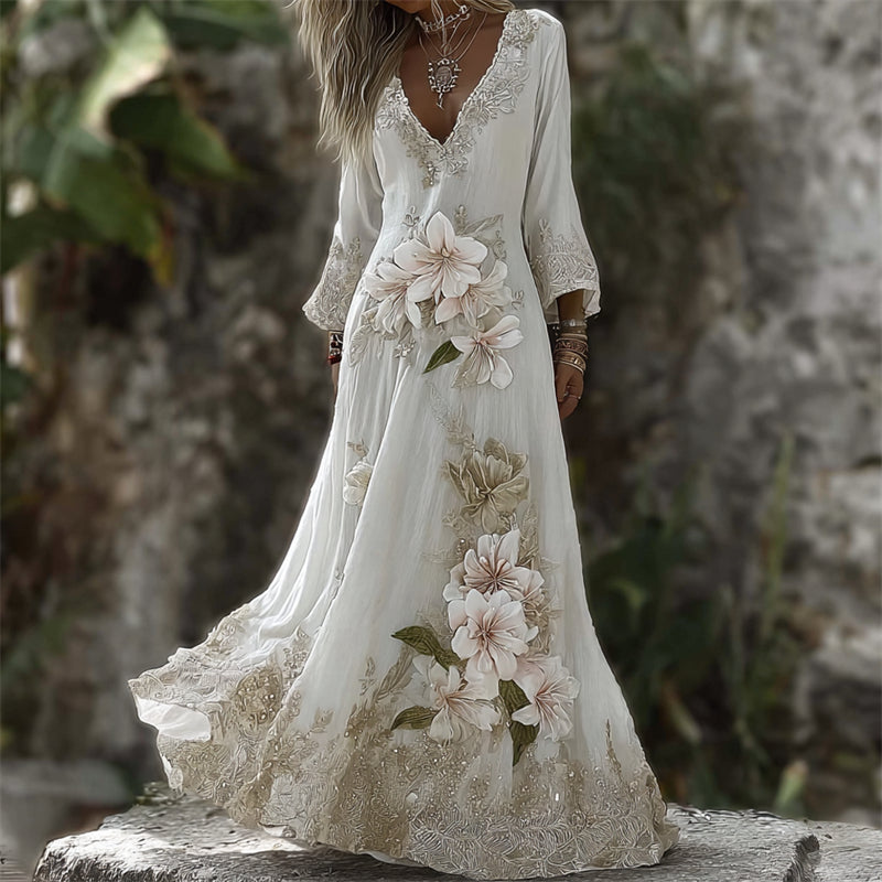 Vintage Lily Flowers Glitter Lace Hem Linen Maxi Dress elevenforest