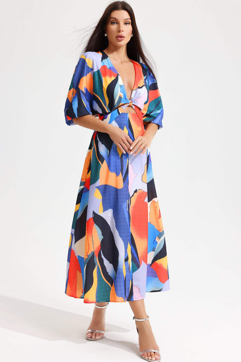 Abstract Print V-neck Maxi Dress