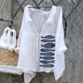 Vintage Japanese Art Fish Linen V Neck Button Comfy Shirt elevenforest