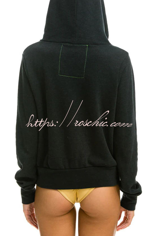 Contrast Zip Pocket Long Sleeve Hooded Coat