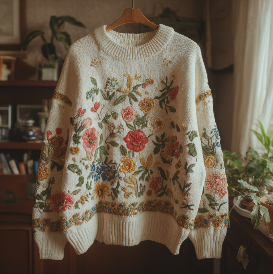 Bohemian Style Plant And Flower Embroidery Pattern Women's Round Neck Knitted Sweater elevenforest