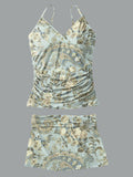 V-Neck Vintage Floral Art Print Suspender Skirt Tankini Pantskirt Set Swimsuit