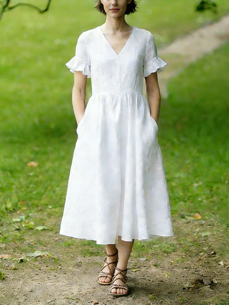 Comstylish Victoria Leisure V-neck Linen Midi Dress