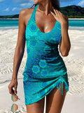 Blue Gradient Flower Print Pleated Drawstring V-neck Tankini Pantskirt Set Swimsuit