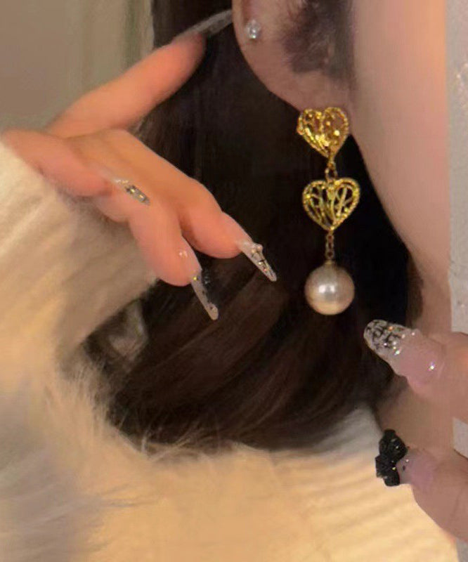 New Gold Copper Alloy Hollow Out Love Pearl Drop Earrings