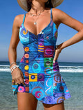 V-Neck Ocean Grid National Art Print Suspender Skirt Tankini Pantskirt Set Swimsuit