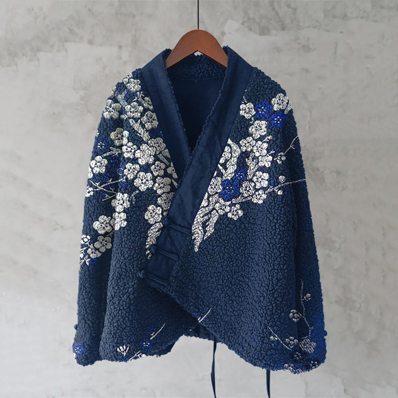 Japanese Floral Lino Art Cozy Fleece Kimono Cardigan elevenforest