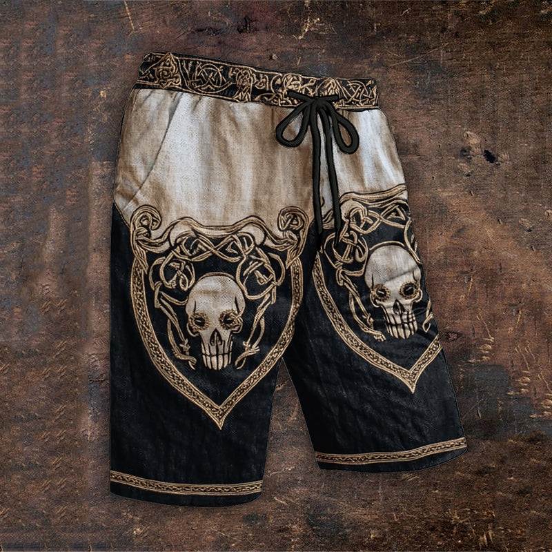 Men's Vintage Viking Skull Art Cotton And Linen Shorts elevenforest