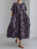 Vintage Flower Print Crew Neck Short Sleeve Loose Midi Dress