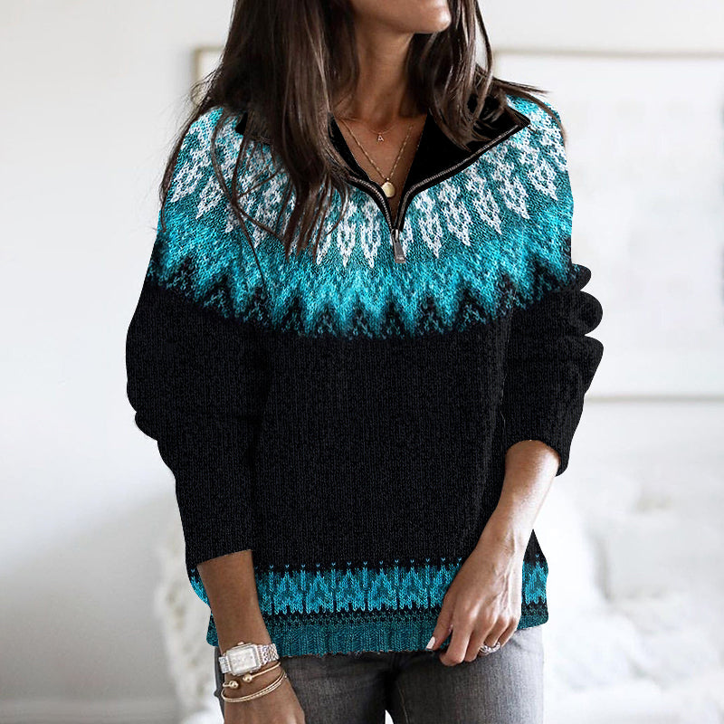 Vintage Tribal Icelandic Pattern Stand Collar Zip Sweater elevenforest