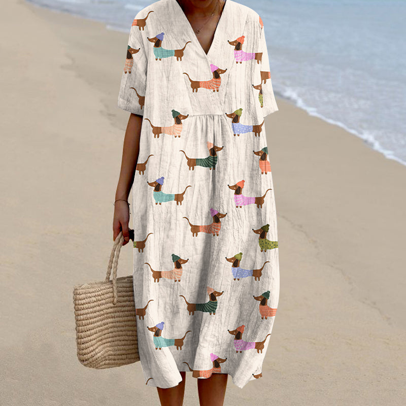Comstylish Women's Retro Cute Dachshund Dog Art Linen Dress