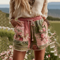 Women's Patchwork Rose Floral Waist Drawstring Pocket Shorts elevenforest