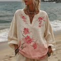 Vintage Pink Floral Gradient Pattern Linen Long Sleeve Comfy T-shirt elevenforest