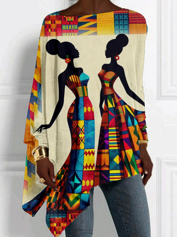 Comstylish Africa Kente Woman Pattern Bat Sleeve T Shirt