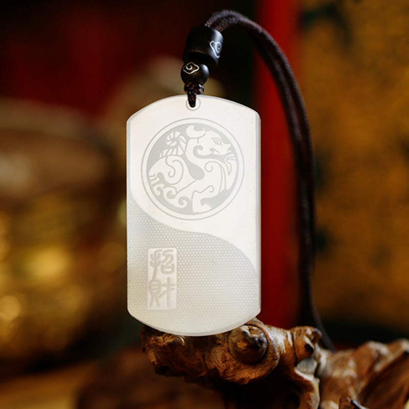 Buddha Stones White Jade Pixiu Yin Yang Luck Protection Necklace Pendant