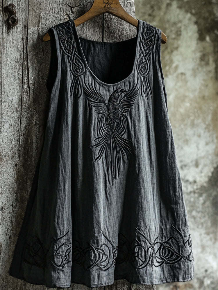 Viking Raven Celtic Embroidered Linen Tank Top elevenforest
