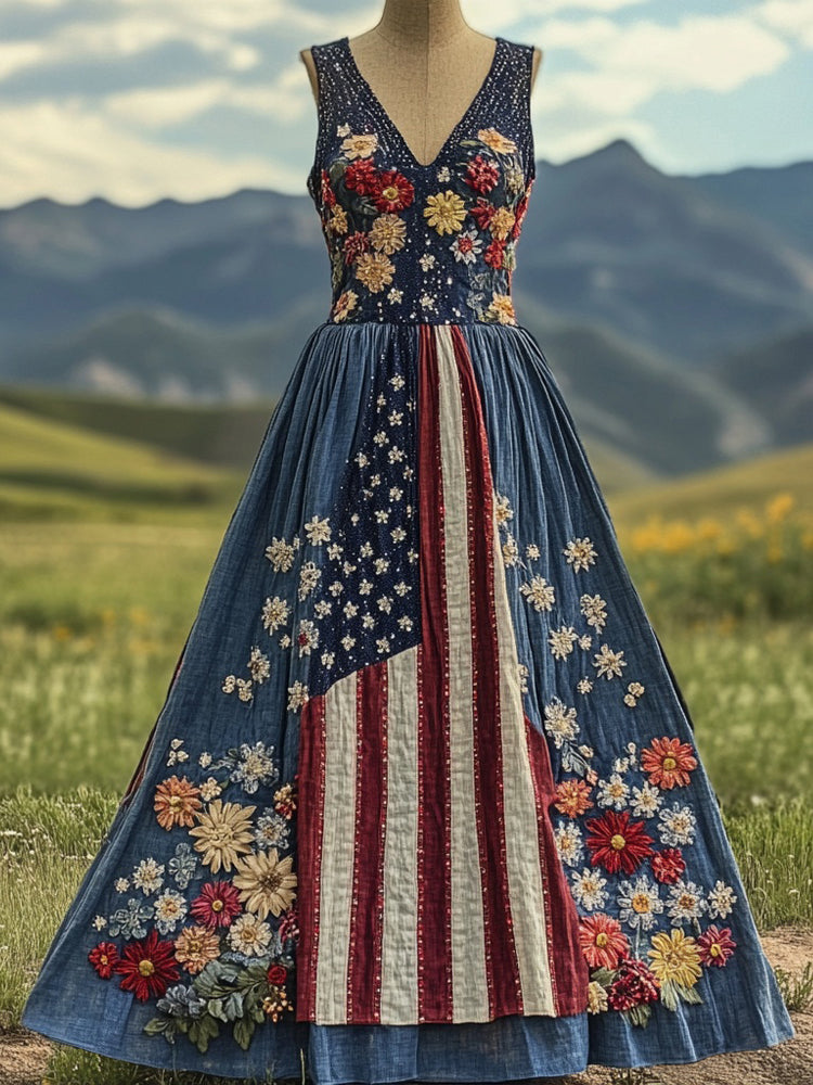 Floral American Flag Embroidered Linen Maxi Dress elevenforest