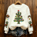 Comstylish Warm Crew Neck Sweater With Cactus And Christmas Tree Pattern