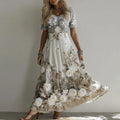 Women's Retro Rose Embroidery Art Round Neck Short Sleeve Long Dress elevenforest