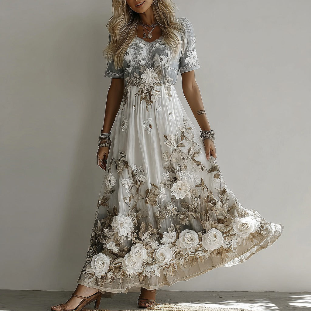 Women's Retro Rose Embroidery Art Round Neck Short Sleeve Long Dress elevenforest