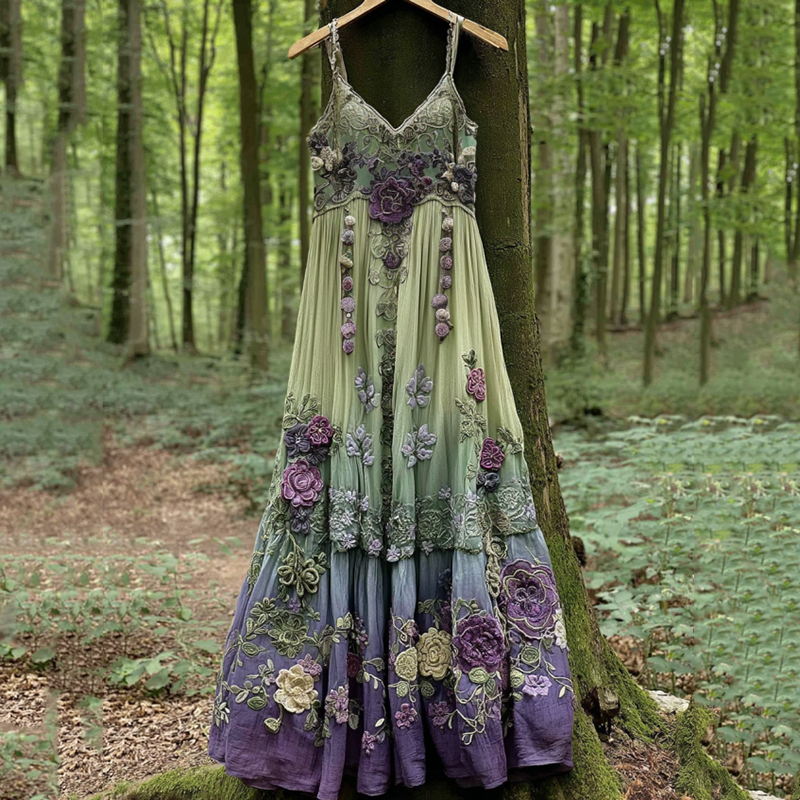 Classy Gradient Purple Lavender And Floral Embroidered Linen Suspender Long Dress elevenforest