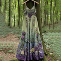 Classy Gradient Purple Lavender And Floral Embroidered Linen Suspender Long Dress elevenforest