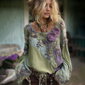 Vintage Purple Lavender And Floral Embroidered Linen Long Sleeve Shirt elevenforest