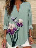Comstylish Dragonfly & Orchid Embroidery Linen V-Neck Shirt