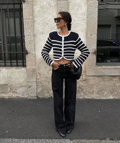 Autumn Winter Round Neck Striped Buckle Arc Sweater Cardigan Coat